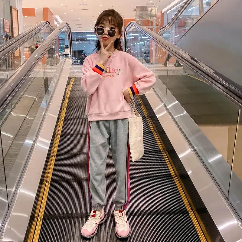 Girls' Suits Children's Spring and Autumn Clothes Contrast Color Thread Design Korean Version Sports Leisure Long-sleeved Pullover Two-piece Set