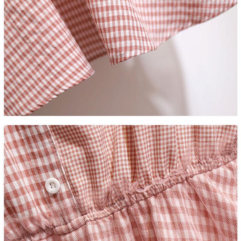Pofulove Plaid Dress Summer Women  Oblique Shoulder Mesh Dress Shirt Dress with Pockets