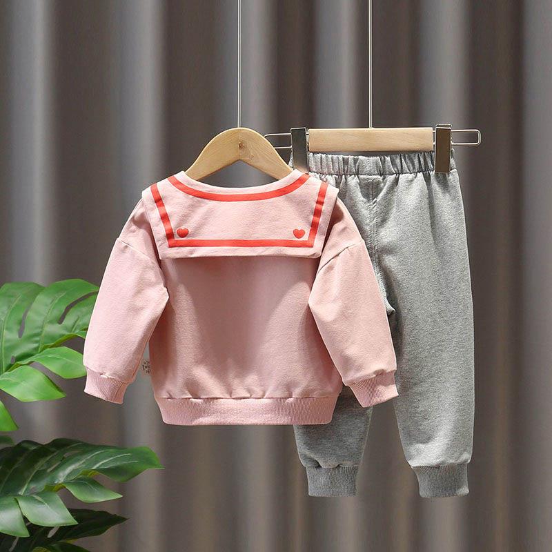 Baby Girl Suit Spring and Autumn Baby Clothes Letter Printing Pullover Lapel Cute Long-sleeved Sweater + Casual Sports Pants Two-piece Set
