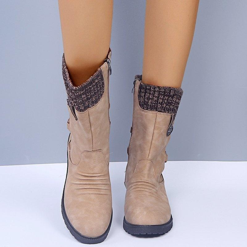 Women's Winter Warm Calf Boots Casual Snow Boots Leather and Sweater Bandage Boots Cowgirl Boots