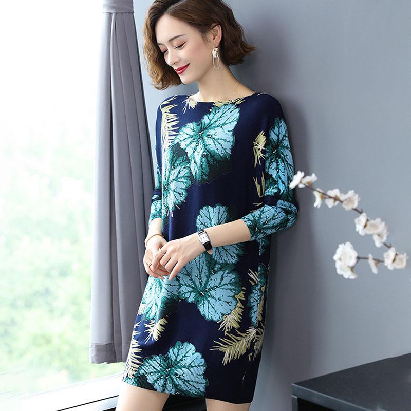 Floral Print  Knit Dress Women Long Sweaters Casual Long Sleeve Loose Pullover Soft Jumper Autumn Winter Knitted Sweaters Dress