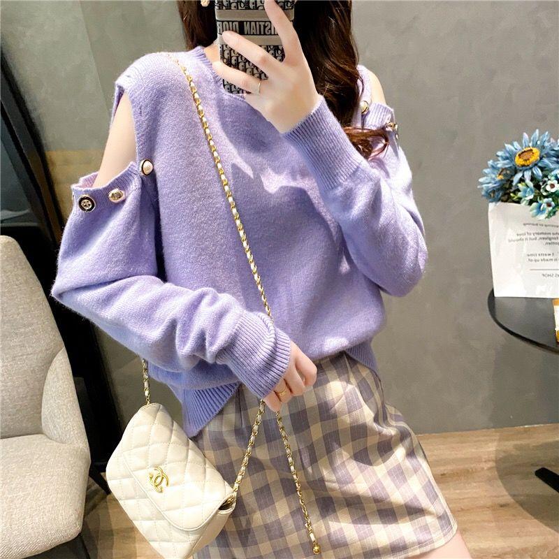 Off-the-shoulder Two-wear Pullover Solid Color Loose Knit Sweater Women's College Style Round Neck Top