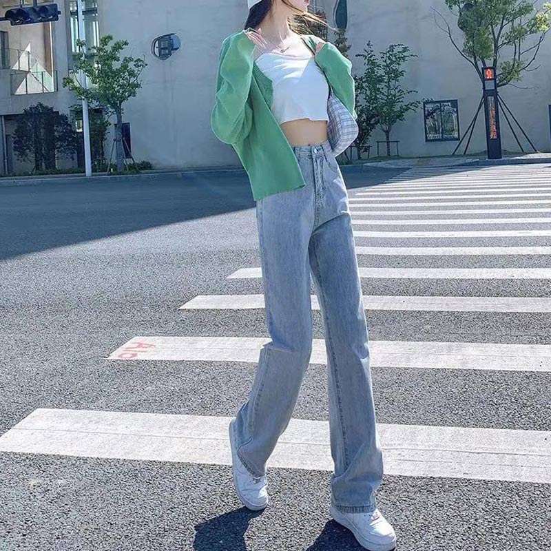 Straight Jeans Girls Summer Thin Section High Waist Slimming Loose Light-colored Wide-leg Pants Student Trousers