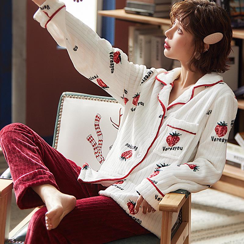 Coral Fleece Pajamas Women's Flannel Pyjamas Plus Size Velvet Thick Sleepwear Autumn Winter Warm Home Wear Suits Tops Pants Sets Long Sleeve Outwear
