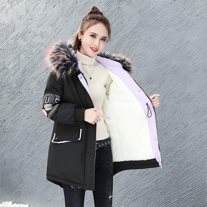 Winter Mid-length Loose Cotton Jacket Korean Version Plus Velvet Thick Coat Embroidery Hit Color Ladies Parkas