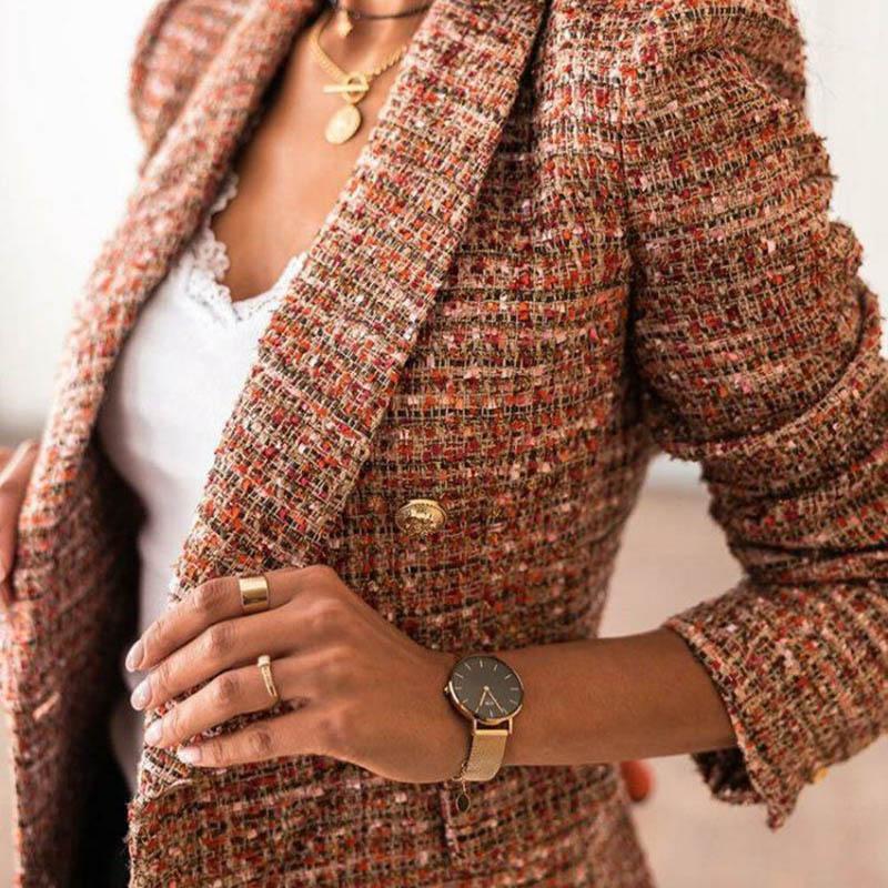 Autumn and Winter Models European and American Fashion Long-sleeved Double-breasted Suit Collar Printed Jacket