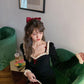 Girl Retro Elegant Temperament Waist Was Thinner Shoulder Lace Knitted Dress Autumn  Winter