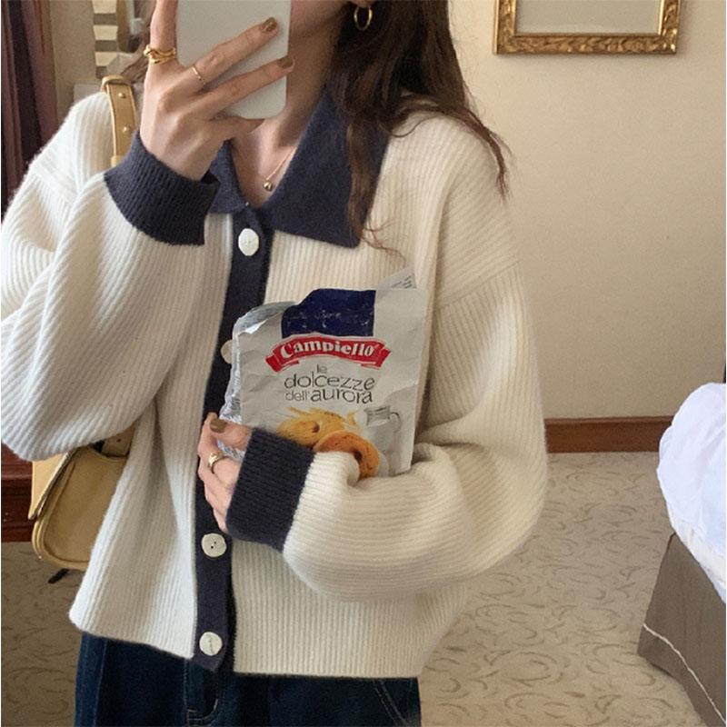 Retro Lapel Contrast Color Thickened Knitted Cardigan Women's Short Long Sleeves Lazy Loose Polo Collar Sweater Coat