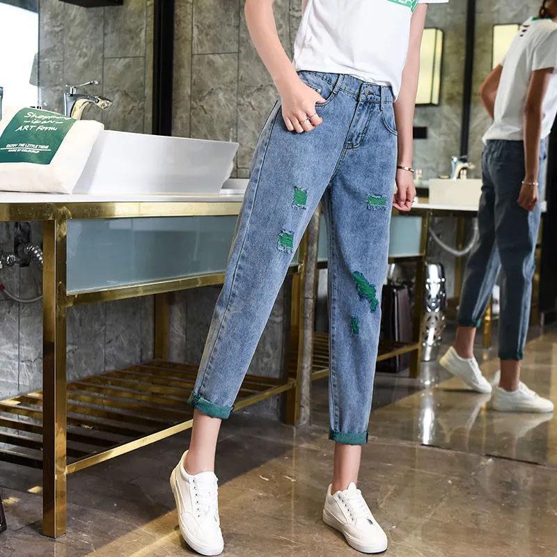 Women's High Waist Ripped Jeans Spring and Summer Thin and Loose Harem Radish Pants Straight Nine Points Dad Pants
