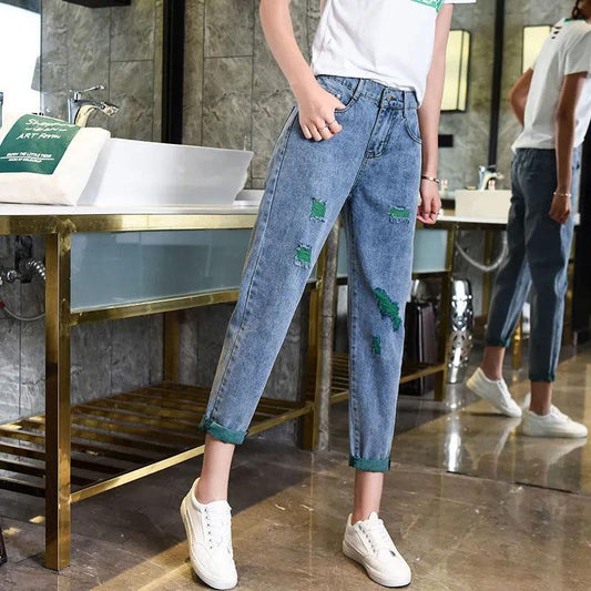 Women's High Waist Ripped Jeans Spring and Summer Thin and Loose Harem Radish Pants Straight Nine Points Dad Pants
