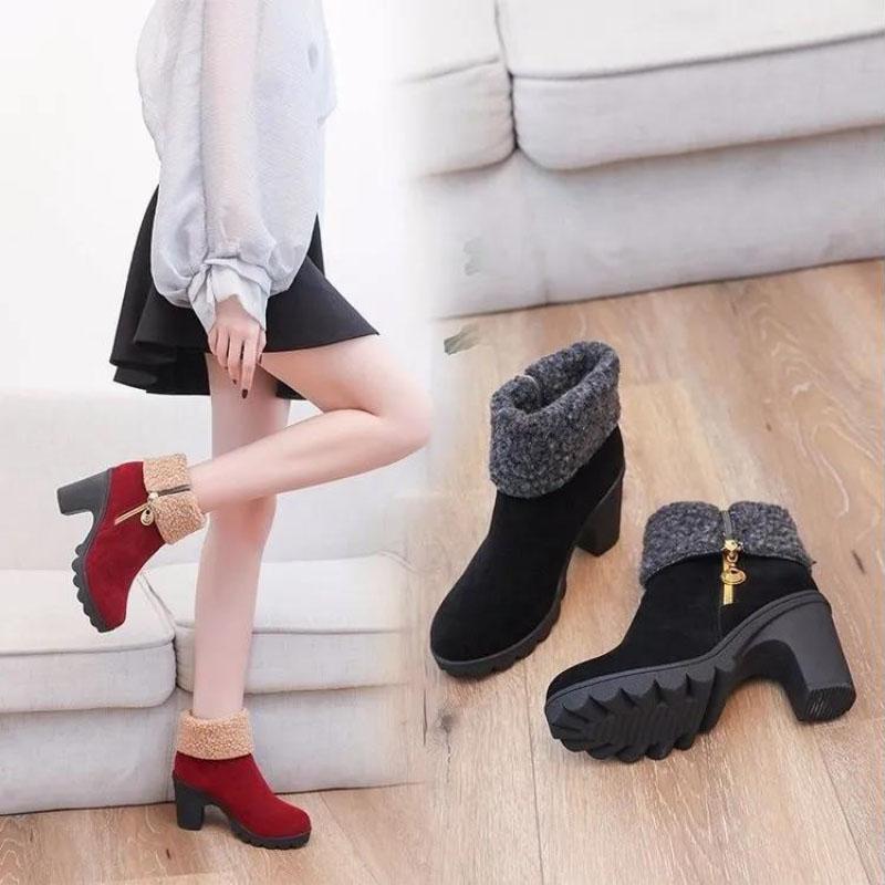Winter Warm Mid-tube Women's Boots Korean Style High-heeled Thick-heeled Martin Boots Frosted Short Boots Women's Shoes