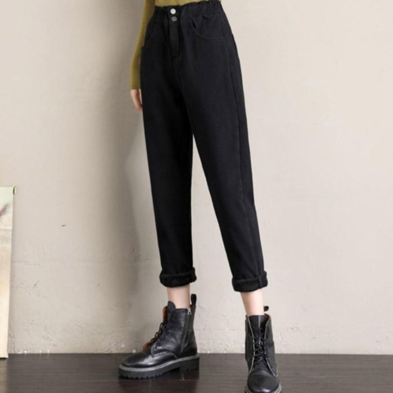 Black Denim Women's Straight-leg Pants Are Thin In Winter Plus Velvet Thickened Feet Pants Loose Large Size Wild Fashion Trousers