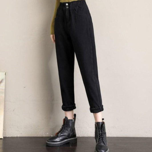 Black Denim Women's Straight-leg Pants Are Thin In Winter Plus Velvet Thickened Feet Pants Loose Large Size Wild Fashion Trousers