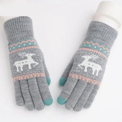 Thickened Plus Velvet Touch Screen Gloves Female Winter Korean Version Knitted Printing Gloves Split Finger Wool Gloves
