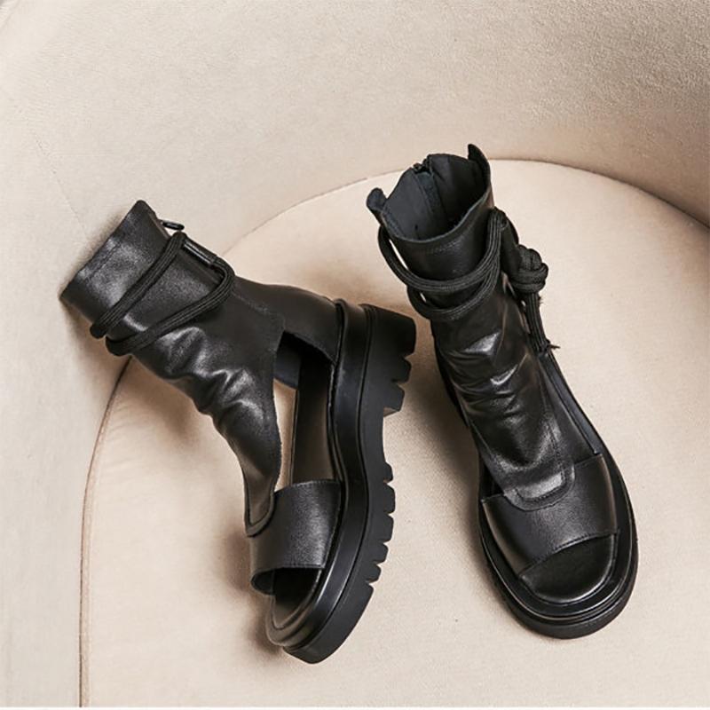 Women's Soft Leather Flat Sandals Platform Fish Mouth Sandals Mid-heel Casual High-top Roman Shoes