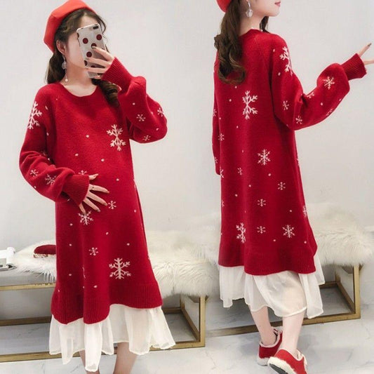 Autumn and Winter Snowflake Christmas Maternity Clothes Long Sleeve Dress Mid-length  Loose Plus Size Round Neck Knitted Skirt