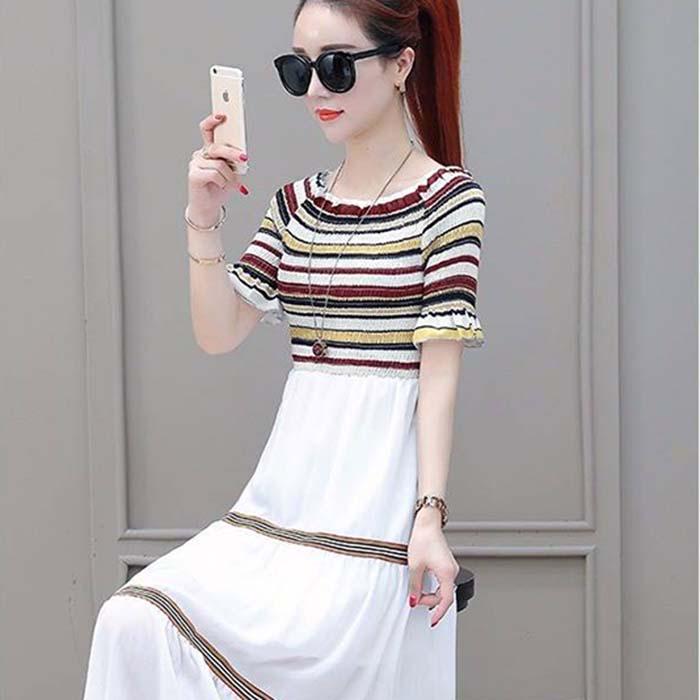 Pofulove S-2XL Women Vintage Off-shoulder A-line Dress Slim Single-neck Mid-length Dress Beach Dress