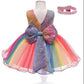 Girls Princess Dress Bowknot Evening Dress Rainbow Sequined Skirt Performance Costume Fluffy Mesh Dress