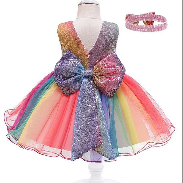 Girls Princess Dress Bowknot Evening Dress Rainbow Sequined Skirt Performance Costume Fluffy Mesh Dress