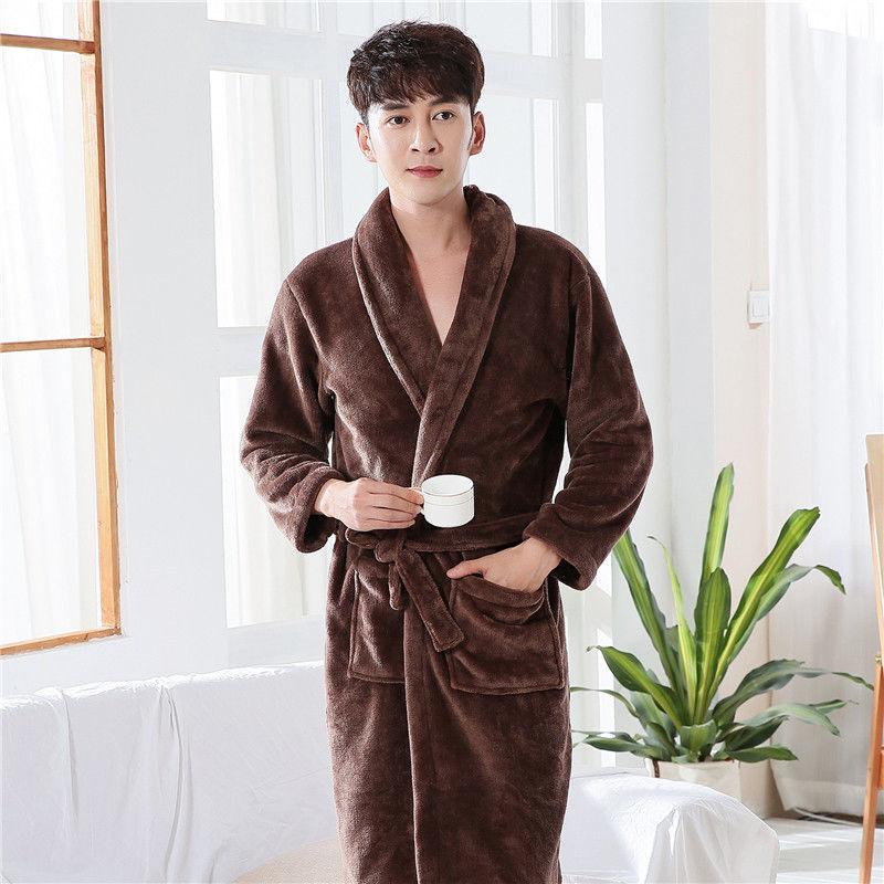 Autumn and Winter Men's Bathrobes Pure Color Simple Flannel Nightgown Coral Fleece Thickened Long-sleeved Pajamas Home Service Bathrobe