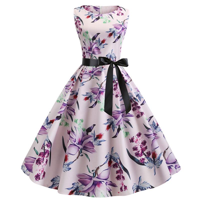 Women 1950s Boho Hepburn A-Line Summer Floral Print Elegant Vintage Dress O Neck Belt