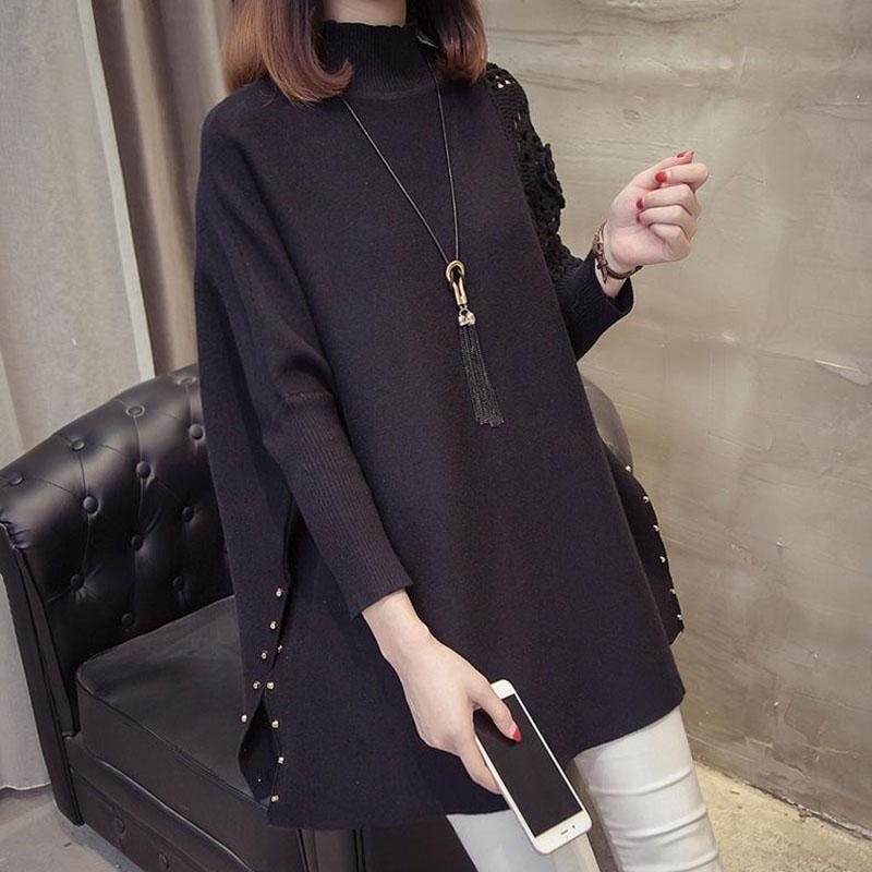 Autumn and Winter Long Bat Sleeve Sweater Half High Neck Knitted Loose Top Casual Large Size Women's Jacket