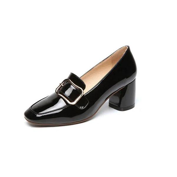 Women's Spring and Autumn Middle Heel Shoes Large Size Square Head Thick Heel Versatile Leather High-heeled Shoes