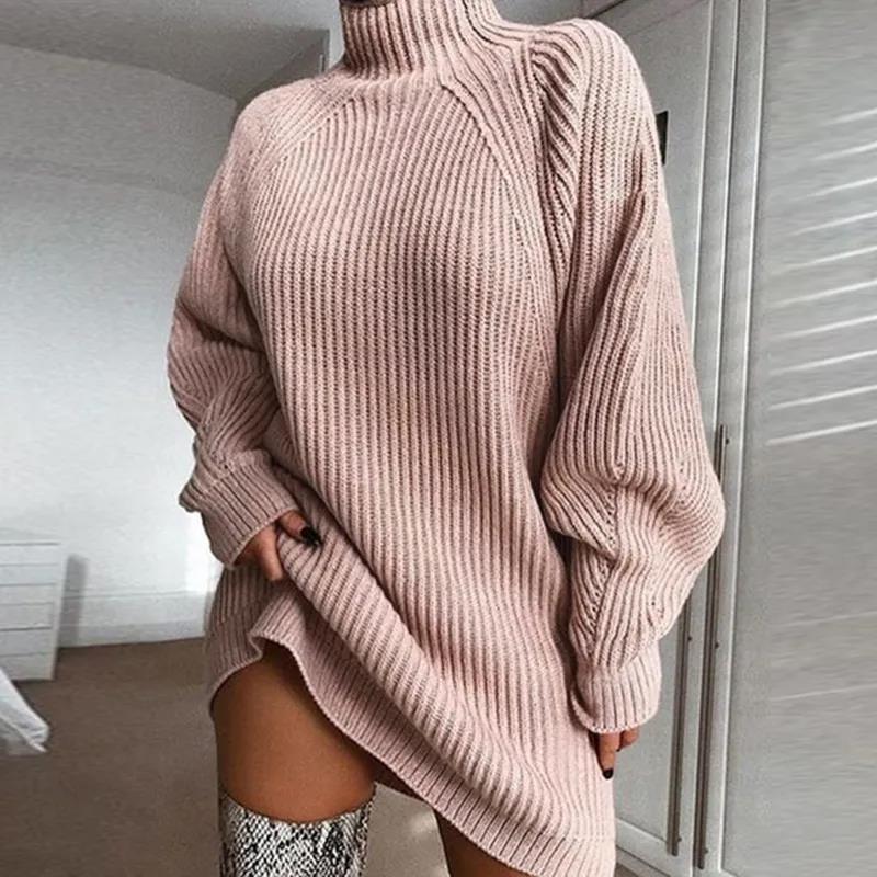 Ladies Half-neck Oversized Sweater Long Solid Color  Autumn and Winter Warm Elegant Sweater Dress