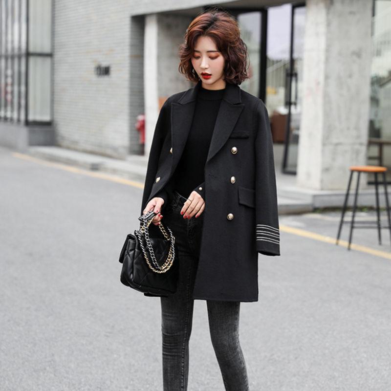 Fashion Winter Jacket Women's Double Breasted Mid-length Wool Coat Solid Color Loose Female Woolen Jacket Plus Size S-XL