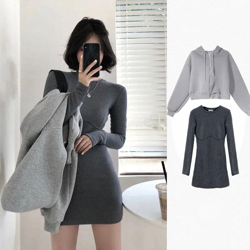 Women's Four Seasons Fried Street Suit Hooded Loose Sweater Jacket + Long Sleeve Slim Dress Two-piece Casual Suit Coat Skirt Sets