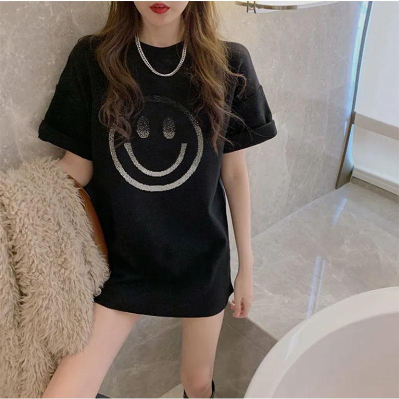 Cotton Mid-length Short-sleeved T-shirt Women's Korean Version Drill Loose Temperament All-match Trend