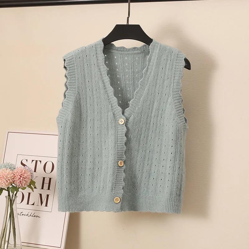 Wool Knitted Vest Women's Vest Spring and Autumn Loose Short Wave Side Single-breasted Hollow Sweater Small Cardigan