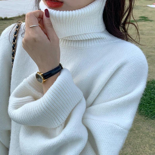 Winter Thick Solid Color Sweater Female Students Korean Turtleneck Pullover Bottoming Shirt Wild Split Stitch Loose Knit Sweater Jacket