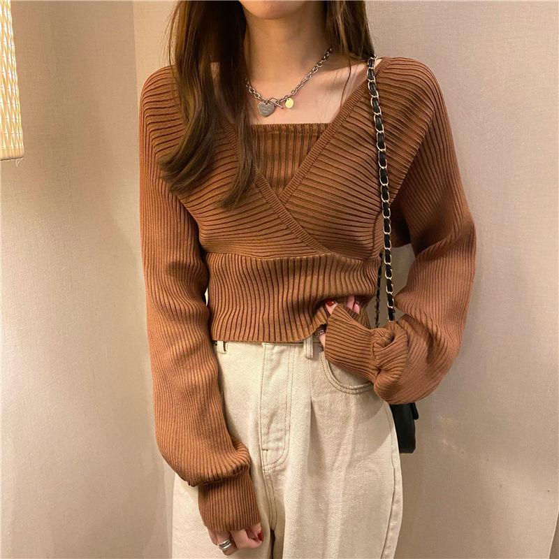 Sweater Women's Puff Sleeve Knitwear Fake Two Piece Square Neck Pullover Top Korean Loose Jumper Trendy Sweater Sexy