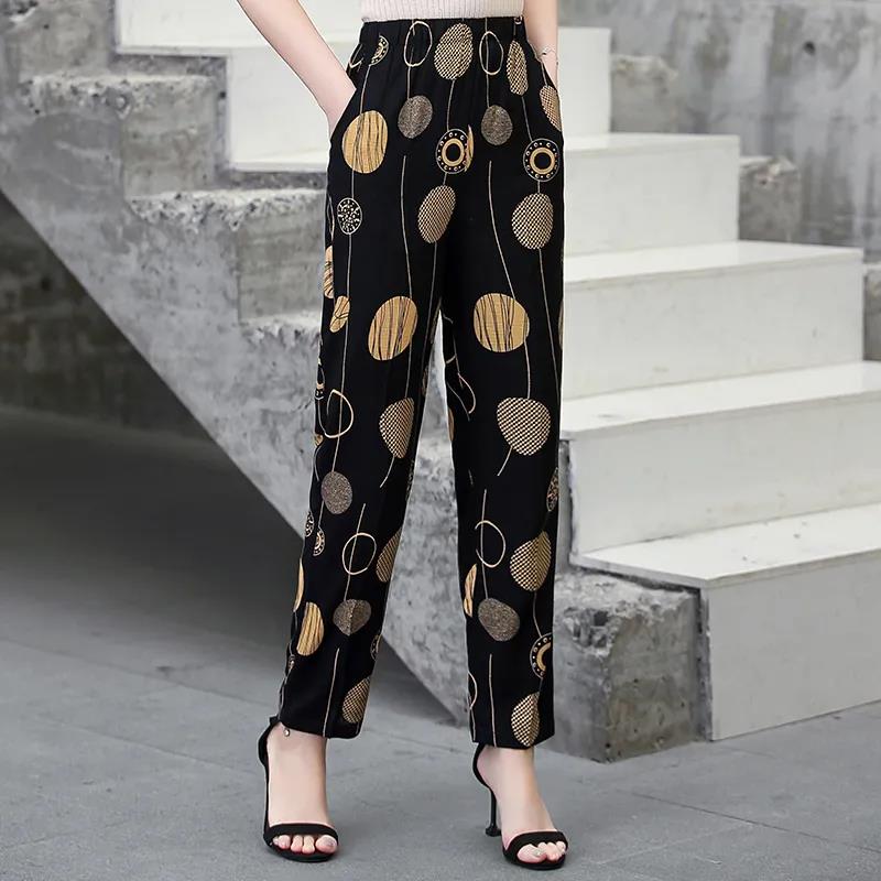 Cotton Linen Women's Trousers Flower Pants Plus Size Elastic Waist Straight-leg Pants Printed Fashion Casual Pants Summer
