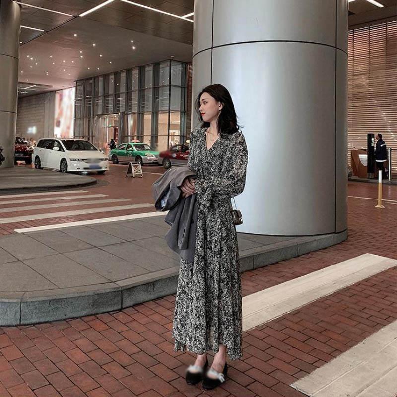 Floral Dress Black Over The Knee Long Sleeve Dress Women French Retro V-neck Summer Chiffon Skirt