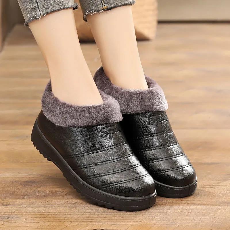 Winter Women's Cotton Shoes with Velvet To Keep Warm Anti-slip and Waterproof Leather Leather Cotton Shoes