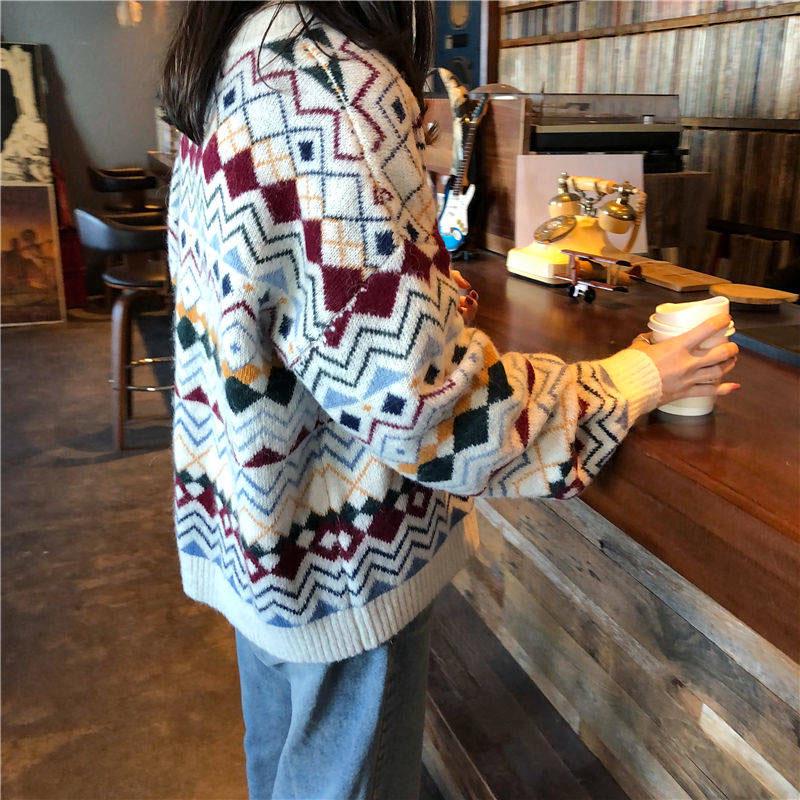 Winter College Wild Sweater O- Neck Loose Printed Harajuku Style Knitted Pullover Sweater Women