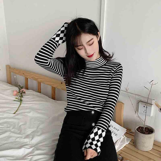 Black and white striped pullover sweater women's winter slim thin turtleneck sweater long sleeves