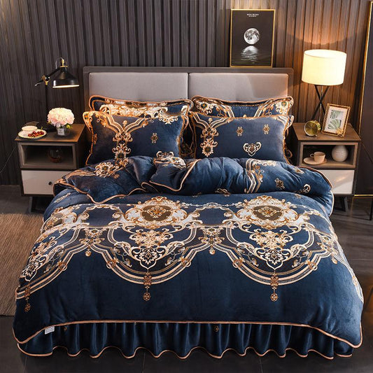 Thick Gold Mink Velvet Coral Velvet Four-piece Flannel French Velvet Bed Skirt Warm Quilt Cover Sheet