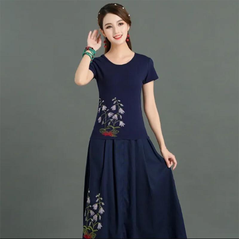 Cotton Linen Skirt Ethnic Style Women's Elastic Waist Embroidered Flower Chinese Style Four Seasons Skirt with Pockets