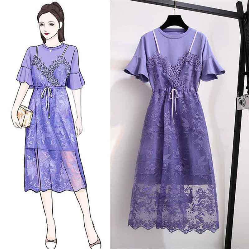 S-2XL Women Mesh Strap Dress+Medium Short Sleeve O-Neck T-shirt 2pcs Office Lady Dress Set