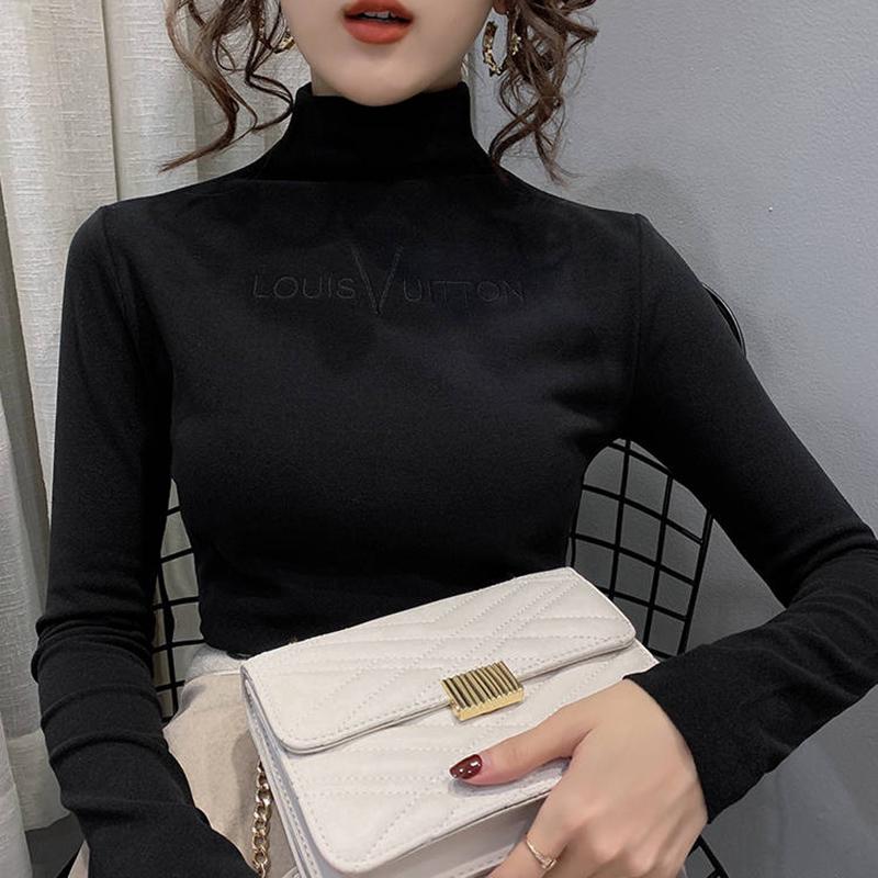 Women's letter Embroidered Velvet Turtleneck Pullover Top Warm Winter Long Sleeve Sweatershirt Lady