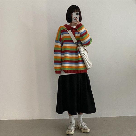 Autumn and Winter College Style Color Stripes Student Loose Mid-length Coat Sweater Women