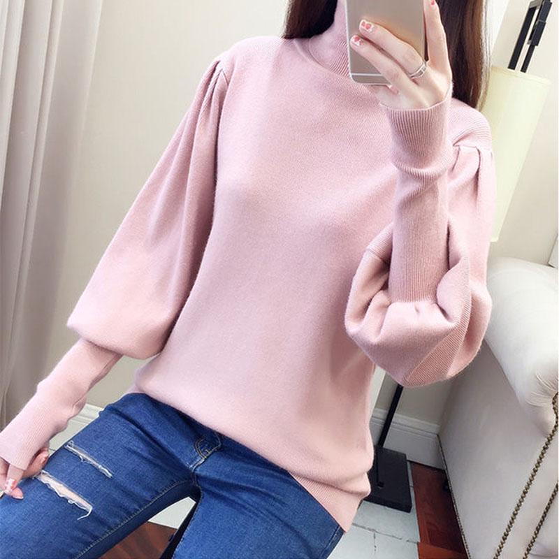 Women's Turtleneck Sweater Autumn Winter Lantern Sleeve Knit Top Loose Solid Color Pullover Sweater loose knitwear