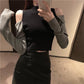 Pofulove Panelled Contrast Off-the-shoulder Long Sleeves Bottoming Sweater Slim All-match