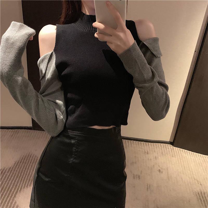 Pofulove Panelled Contrast Off-the-shoulder Long Sleeves Bottoming Sweater Slim All-match