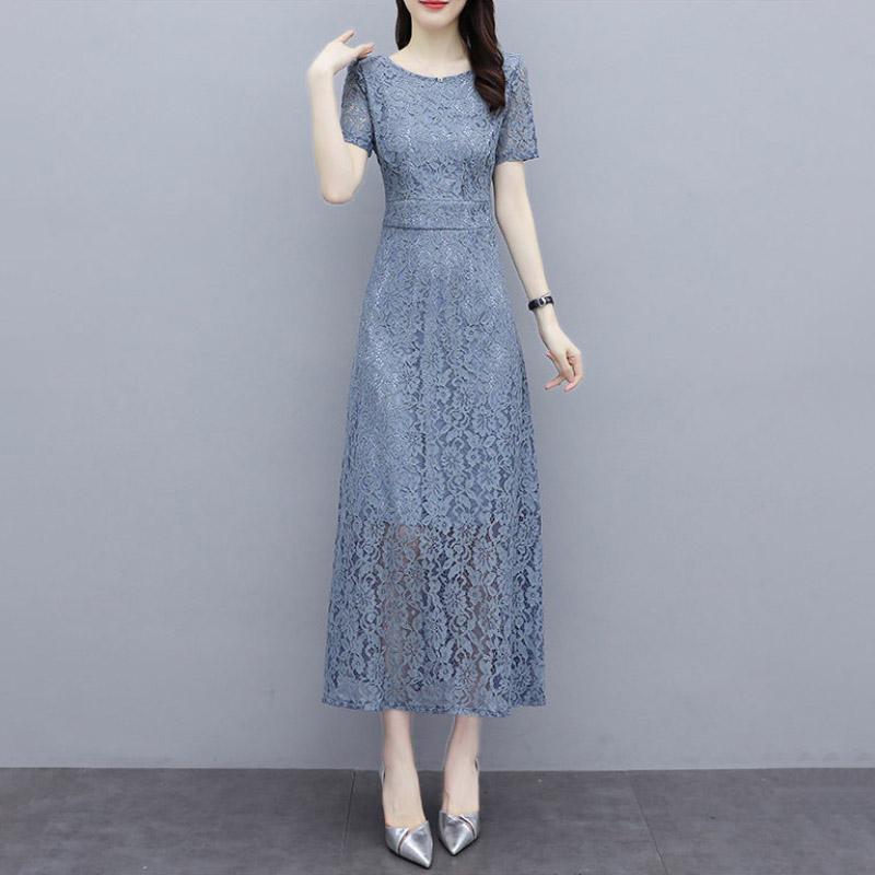Korean Version Black High-end Lace Dress Female Spring Summer Short Sleeve Round Neck Long Dress