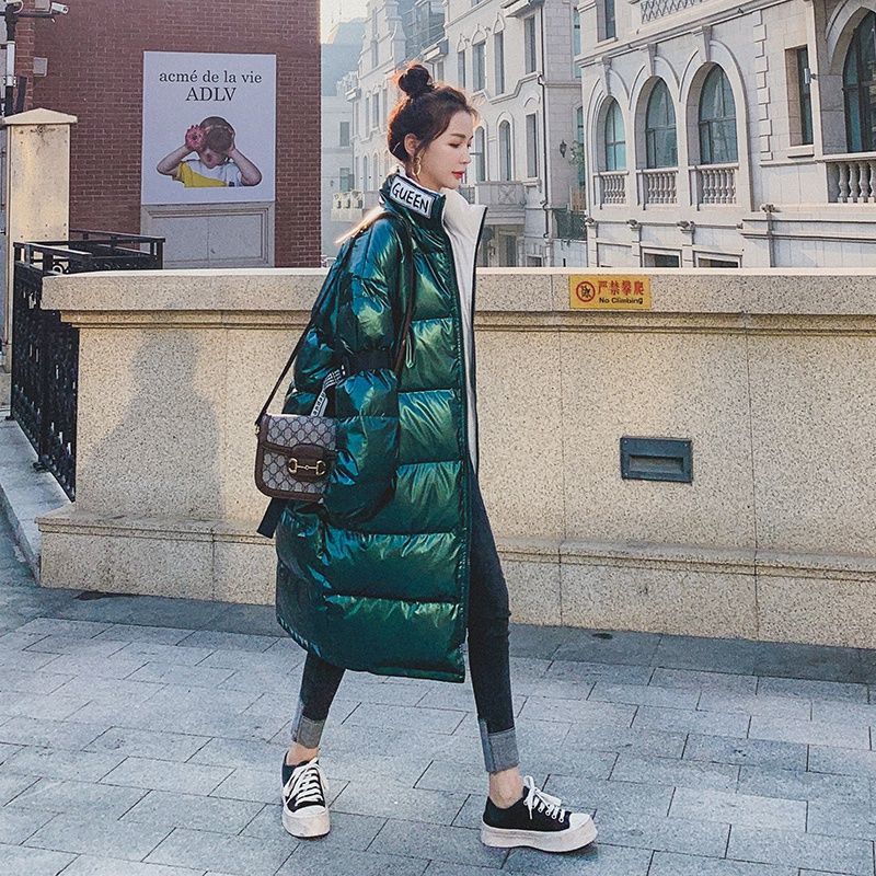 Hoodless Stand-collar Down Padded Jacket Women's Mid-length Winter Wear Loose Over-the-knee Bread Jacket Thick Shiny Cotton Warm Coat