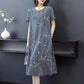 Women's Summer Plus Size Dress Loose Casual Mid-length Over-the-knee Round Neck Pocket Short-sleeved Printed Skirt